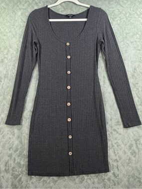 Ambiance Charcoal Ribbed Button-Front Long Sleeve Dress